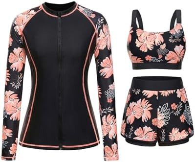 3 Piece Rash Guard for Women - Long Sleeve Swimsuits with Shorts SPF Zip up Swim Shirt with Built... | Amazon (US)