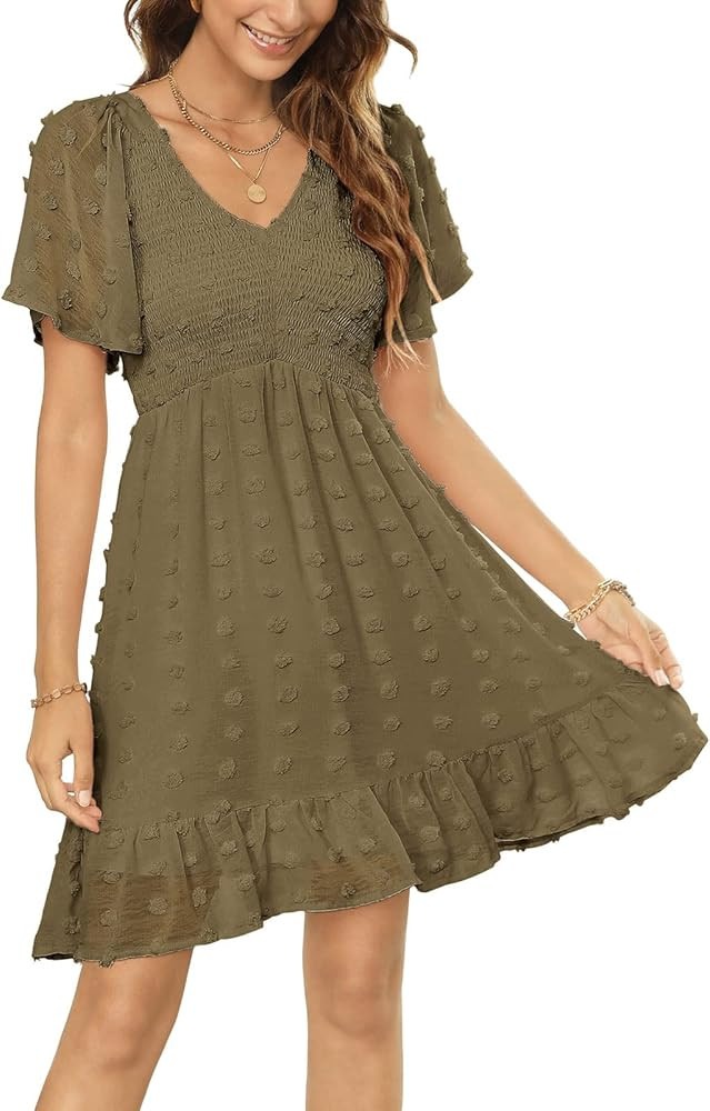 Zattcas Womens Smocked Flutter Sleeve V Neck Ruffle Mini Swiss Dot Babydoll Dress | Amazon (US)