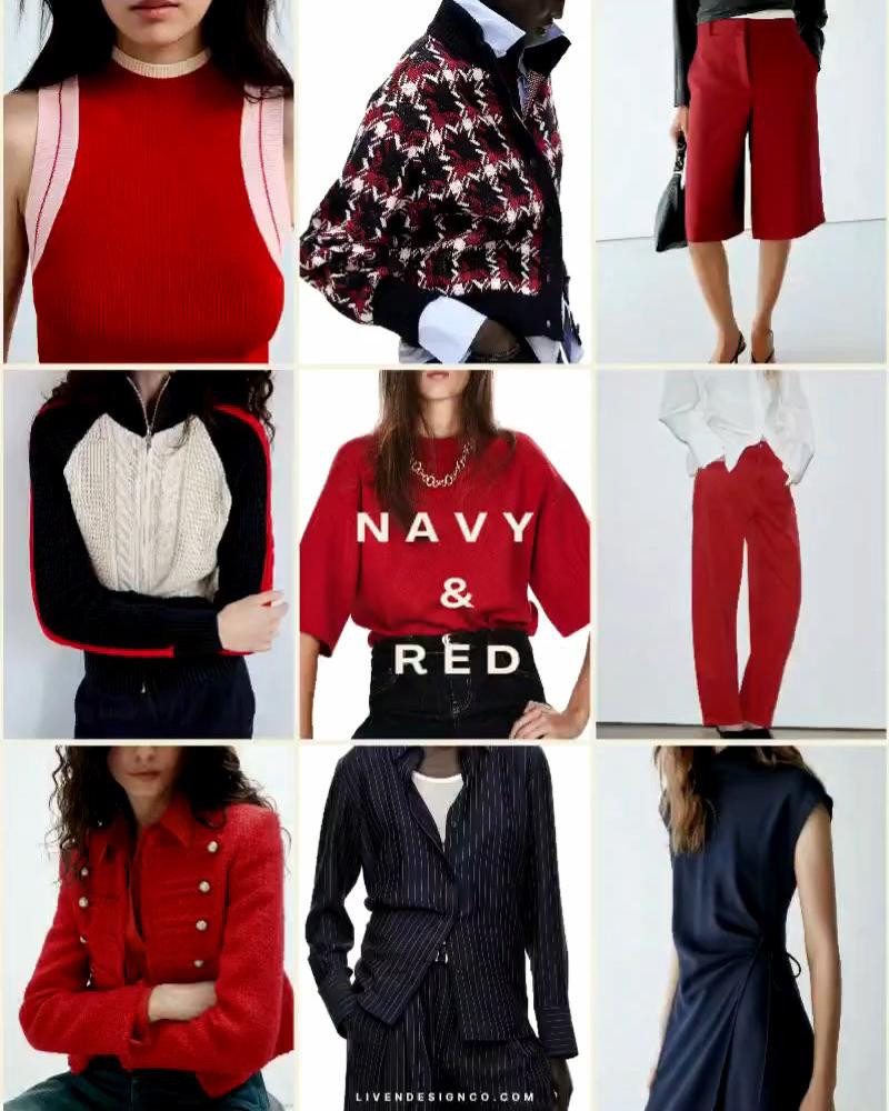 Fall color trends. Navy. Red. White. Fall wardrobe. Style inspiration. Womens Fall outfits. Red sweater. Tweed jacket. Lady jacket. Mango. Navy asymmetrical dress. Red balloon pants. Barrel pants. Red Bermuda shorts. Transitional outfit. Zip front sweater. 

#LTKSeasonal #LTKSaleAlert