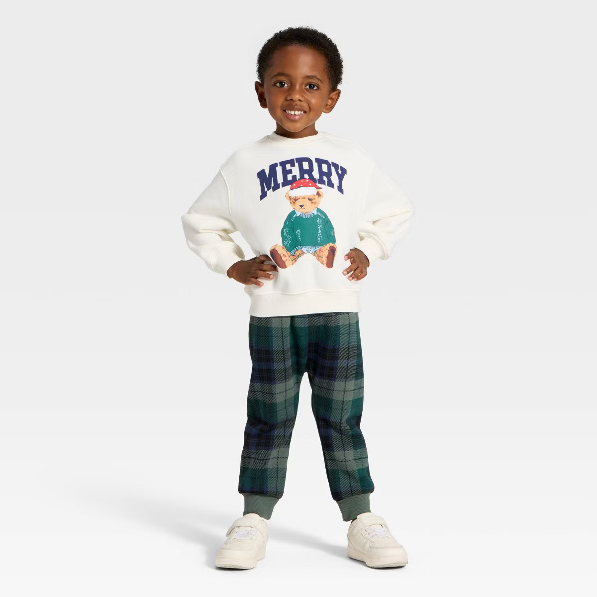 Toddler Boys' 2pc Teddy Bear "Merry" Fleece Sweatshirt & Plaid Pants Set - Cream/Green | Target