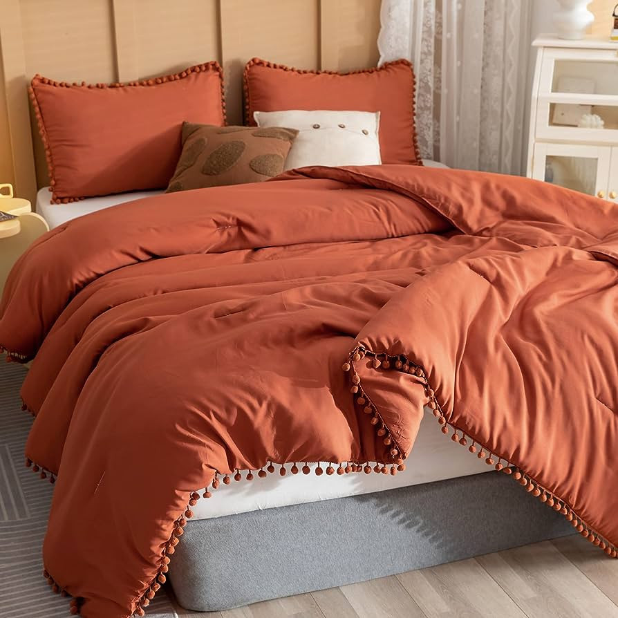 YIRDDEO Terracotta Comforter King Set 3pcs Boho Ball Pom Pom Bedding, Aesthetic Burnt Orange Comf... | Amazon (US)