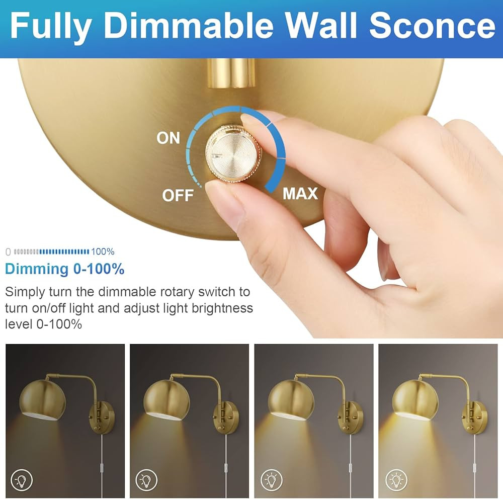 VATONI Wall Sconces Plug in, Dimmable Wall Sconce Swing Arm Wall Lights with Plug in Cord and Dim... | Amazon (US)