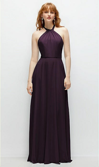 Shirred Halter Chiffon Maxi Dress with Back Sash-Tie Closure in Aubergine | Dessy Group