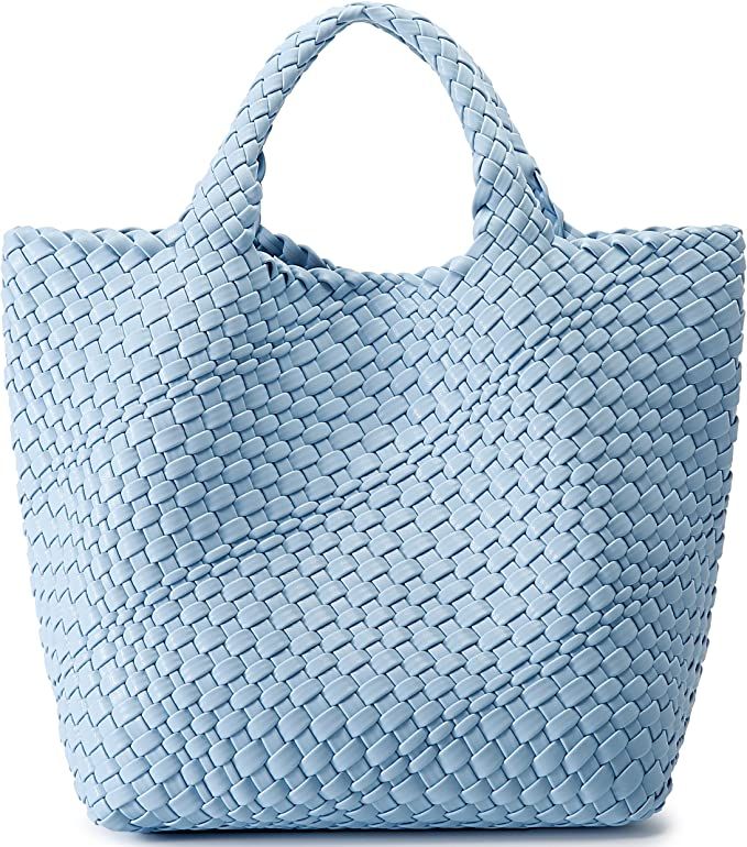 Woven Bag for Women, Vegan Leather Tote Bag Large Summer Beach Travel Handbag and Purse Retro Han... | Amazon (US)