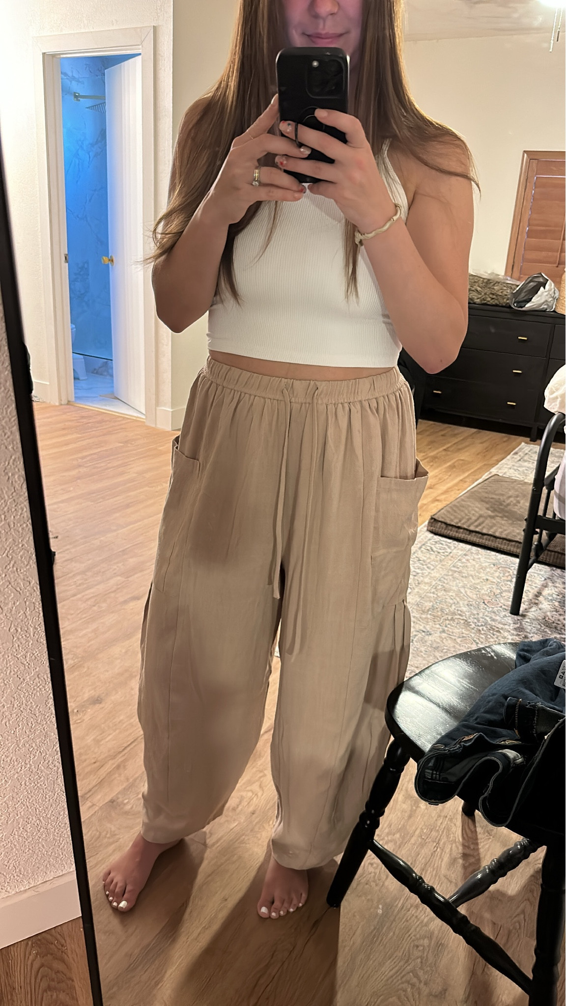 Free People Amazon Dupe, Quinn pant dupe, lightweight pant, flowey pant, tan pant, drawstring pant, white, crop, ribbed, tank built in removable pads.

#LTKFind #LTKsalealert #LTKunder50