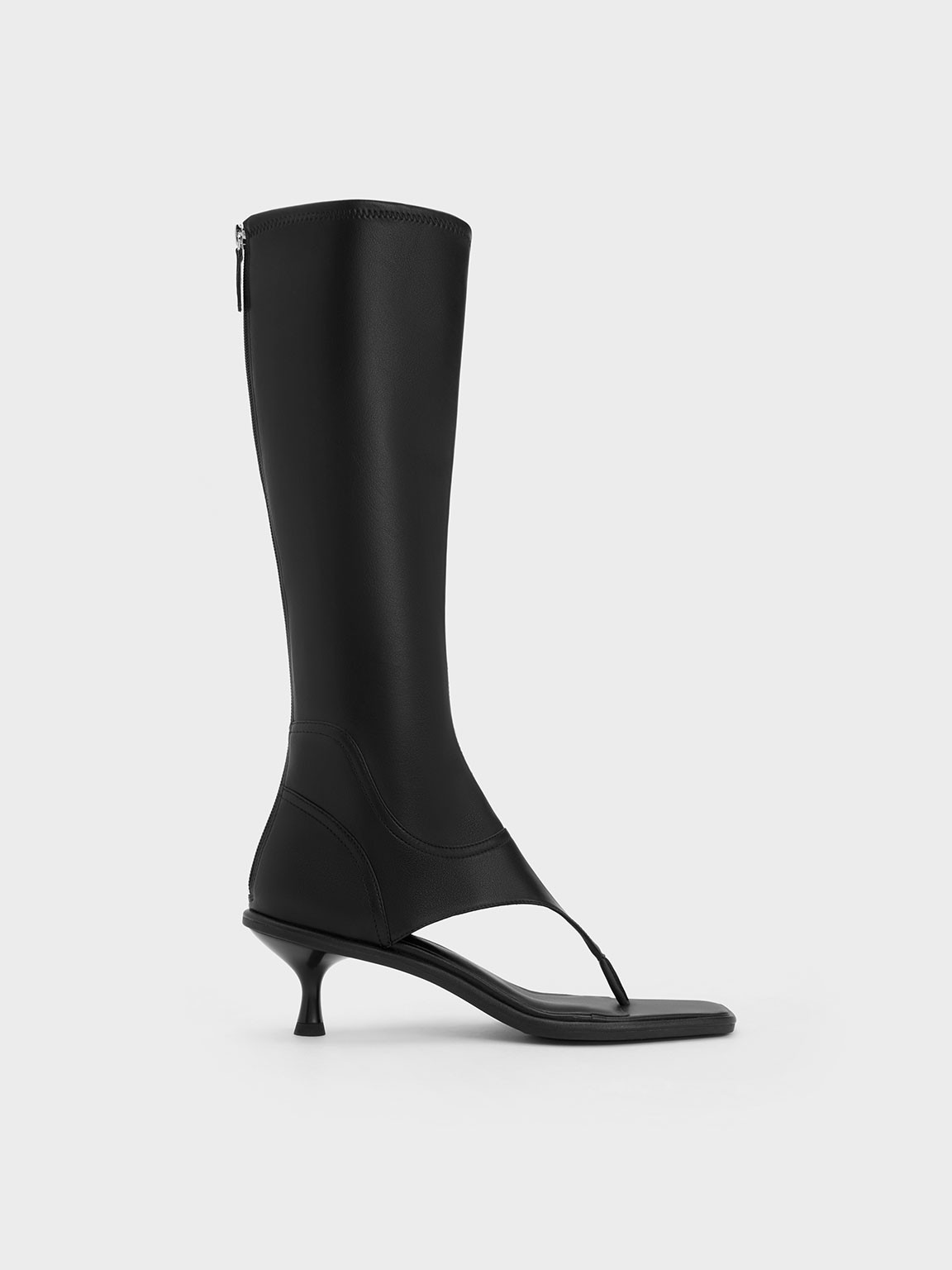 Kitten Heel Thong Knee-High Boots
 - Black | Charles & Keith EU