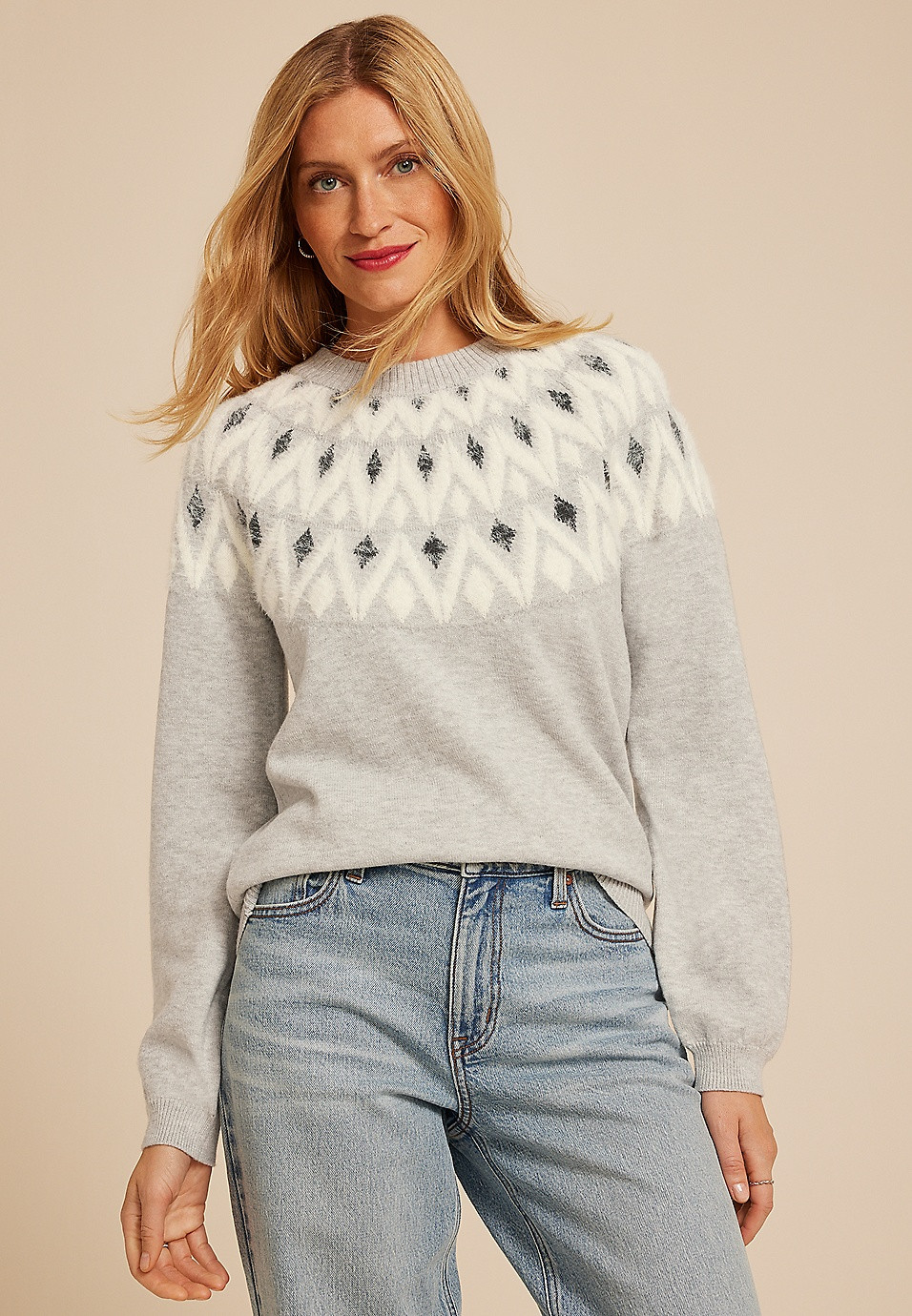 Geo Fair Isle Eyelash Crew Neck Sweater | Maurices