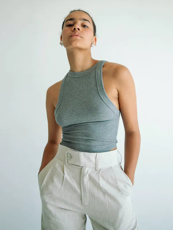 The Line by K Ximeno High Neck Cropped Tank - Grey - L | Verishop
