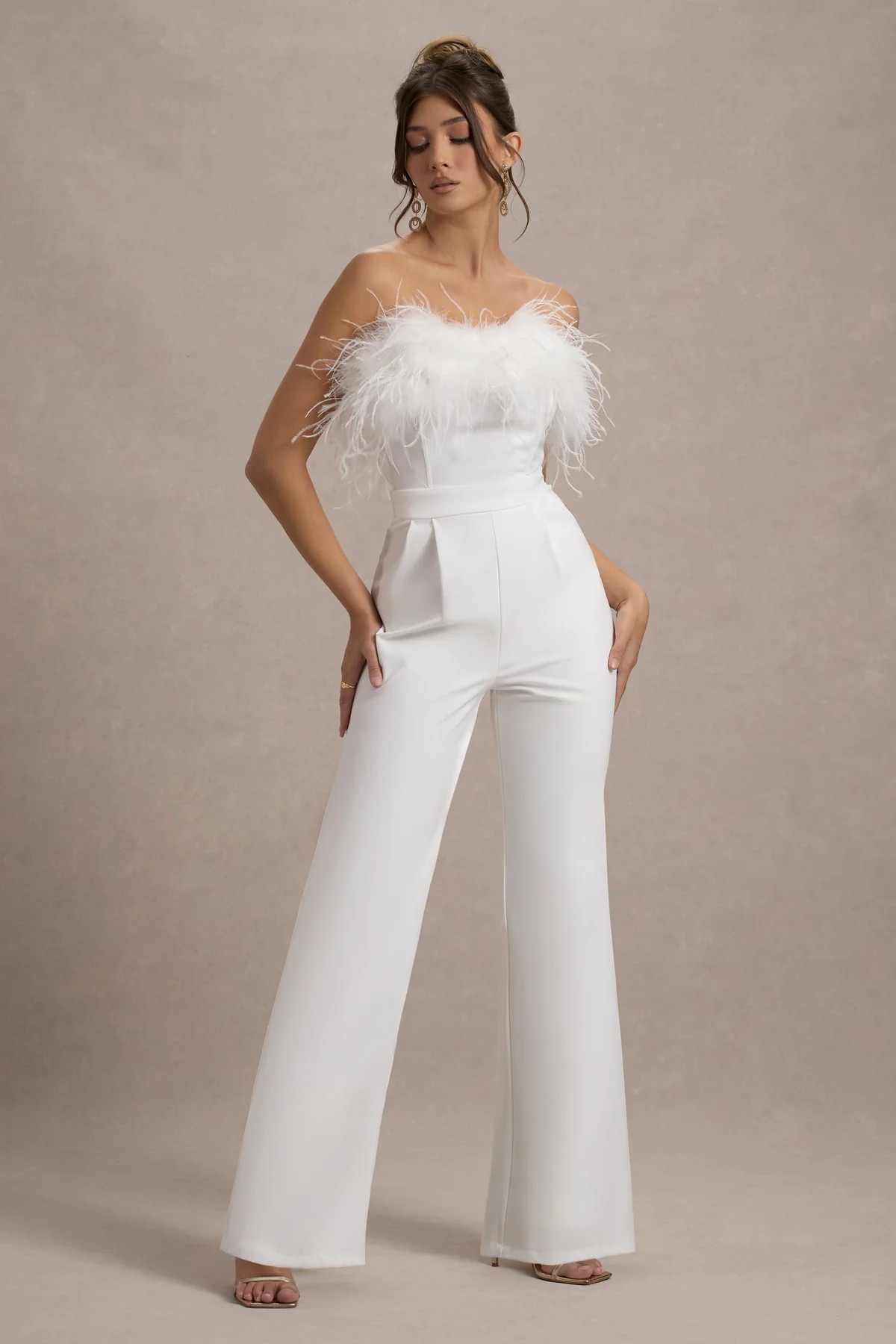 First Class | White Bandeau Feather Wide Leg Jumpsuit | Club L London