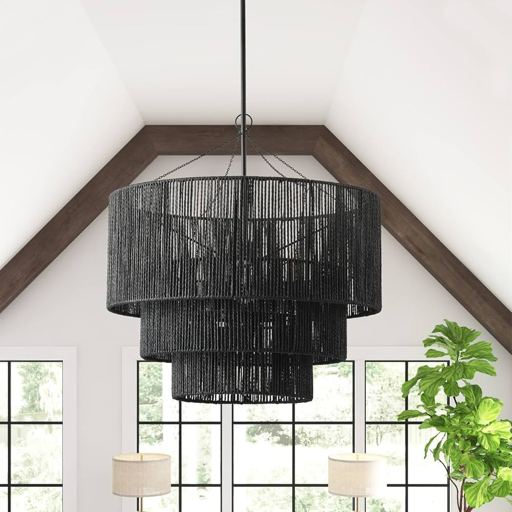 Modern Pendant Light Fixtures 27.55 Inch Matte Black Ceiling Pendant Lighting with Hemp Rope Farm... | Amazon (US)
