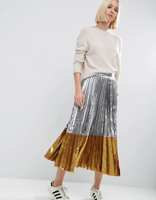 ASOS Pleated Midi Skirt in Metallic with Contrast Hem | ASOS UK