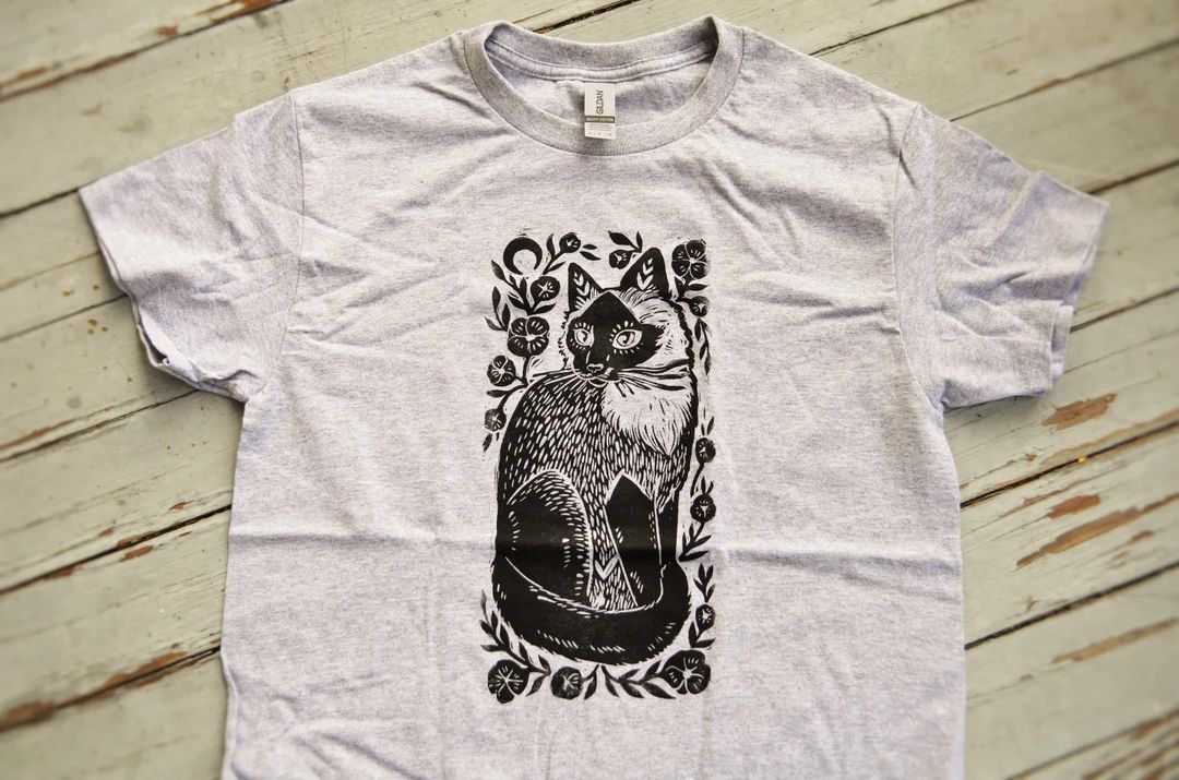 Kitty Blossom T-shirt Rustic Block Printed Shirt Gildan Unisex Gray Cat Art Folk Art - Etsy | Etsy (US)