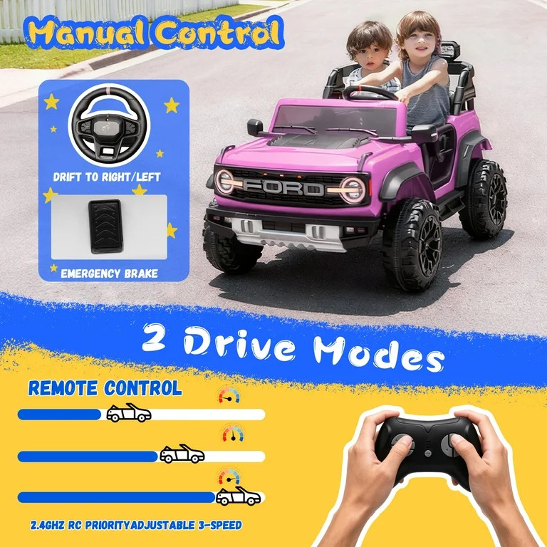 2 Seats 24V Electric Car for Big Kids, Licensed Ford Bronco Raptor Powered Ride On Car with 4 Whe... | Walmart (US)