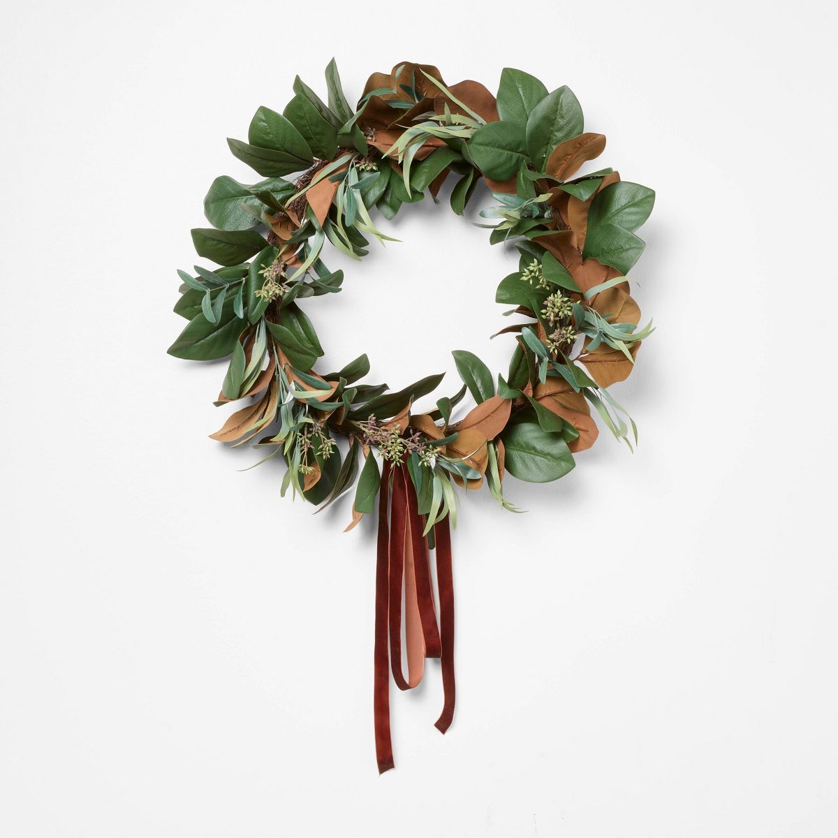 XL Magnolia and Olive Artificial Wreath with Ribbon Brown - Threshold™ designed with Studio McG... | Target