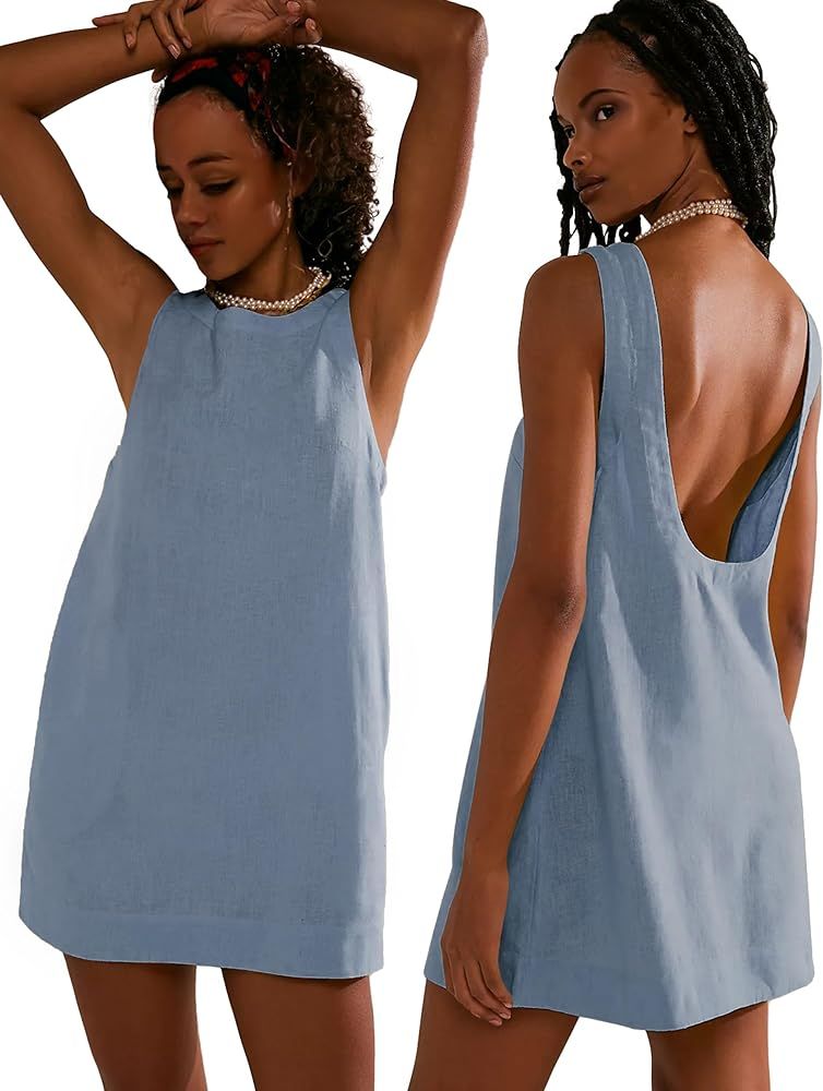 VIUTIL Womens Summer Sunshine Mini Dress Crew Neck Low Back Sundress Loose Short Tank Dress with ... | Amazon (US)