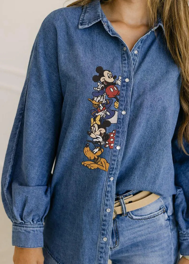 Disney Embroidered Denim Shirt Women’s and Men, Vintage Mickey & Friends Long Sleeve Jean Top, ... | Etsy (US)
