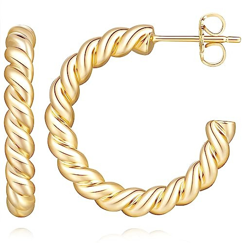 NEARLAND 14K Gold Hoop Earrings for Women Small Chunky Gold Hoop Earrings Twisted Rope Round Hoops Earring for Women 16.5/25mm | Amazon (US)