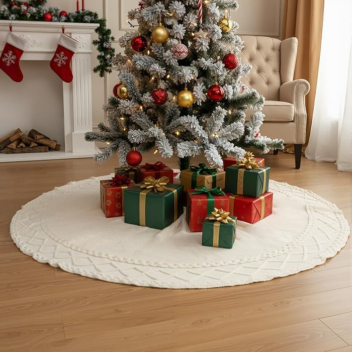 72 Inches Extra Large White Knit Christmas Tree Skirt Ivory Knitted Thick Rustic Christmas Tree S... | Amazon (US)