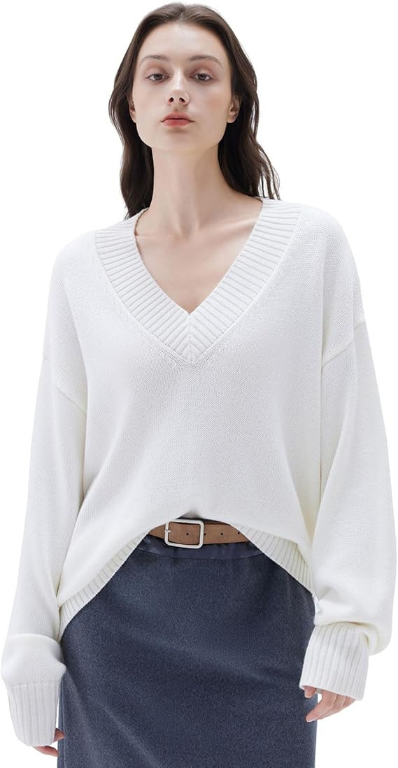 SUUKSESS Women Cashmere Oversized V Neck Pullover Sweaters Long Sleeve Jumpers | Amazon (US)