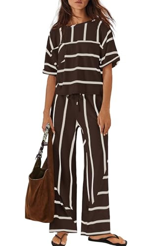 Nirovien Womens Striped Lounge Set 2 Piece Vacation Sets Short Sleeve Tops and Wide Leg Pants Tra... | Amazon (US)
