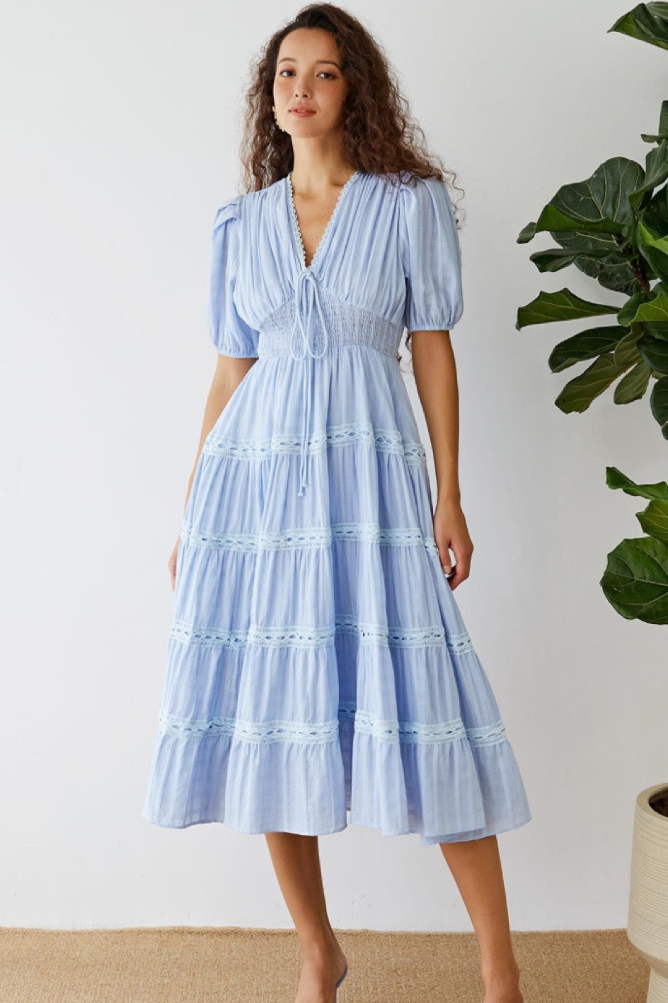 Pale blue puff sleeve midi dress with tiered skirt, summer dress, wedding guest

#LTKstyletip #LTKwedding #LTKunder100