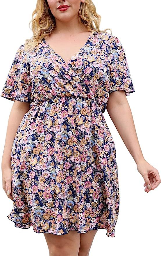 Nemidor Womens Casual V-Neck Plus Size Summer Boho Swing Wrap Dress with Pockets NEM266 | Amazon (US)