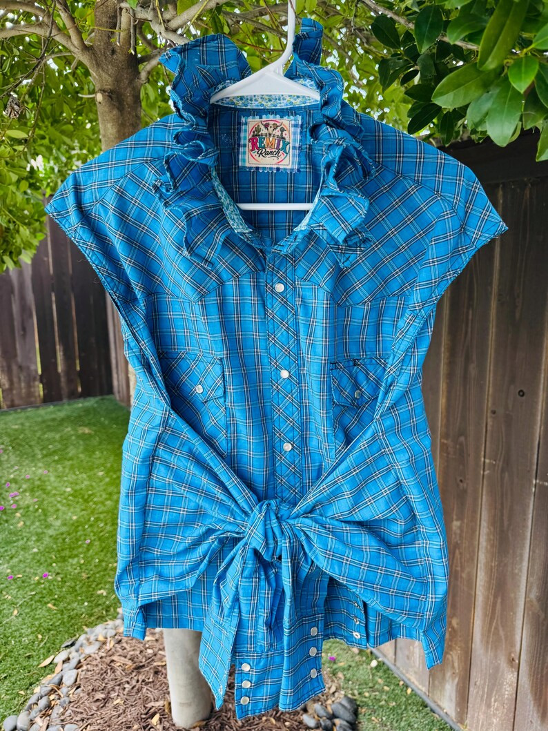 Upcycled Blue Men\u2019s Wrangler Western Ruffle Shirt W/ Pearl Snap Buttons, Adjustable Ties Fro... | Etsy (Global)