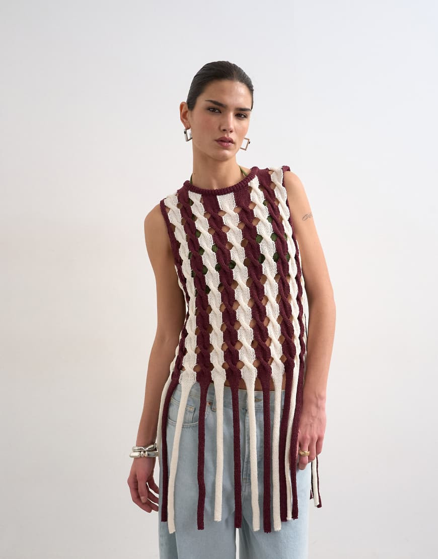Topshop knit sleeveless longline knit top with tassel fringe hem in burgundy-Red | ASOS (Global)