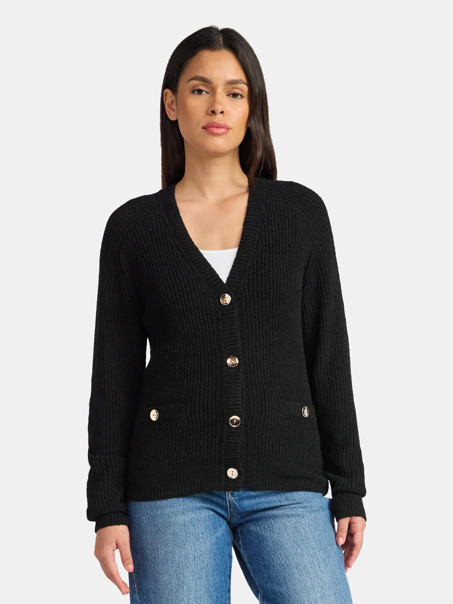 Time and Tru Women's V Neck Button Front Boucle Cardigan Sweater with Long Sleeves, Mid-weight, S... | Walmart (US)
