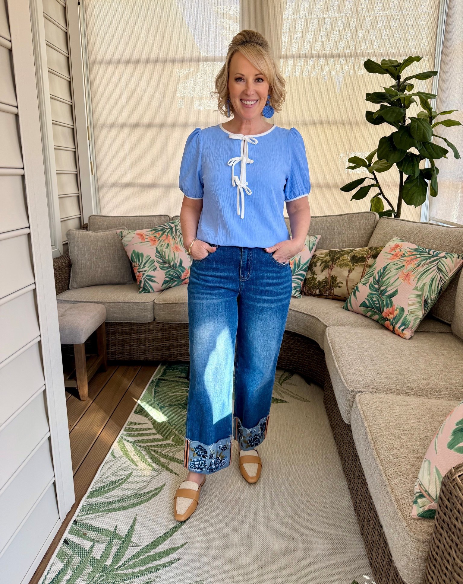 Get ready for warmer weather with this colorful look! This cute bow top from Amazon comes in so many different color combinations and pairs perfectly with these statement cuffed jeans. I styled them with these lightweight drop earrings and Cole Haan mules for a polished but fun look! 

#LTKootd #LTKSpringSale #LTKPetite