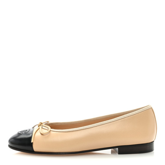 Lambskin Cap Toe CC Ballerina Flats 36.5 Beige Black | FASHIONPHILE (US)
