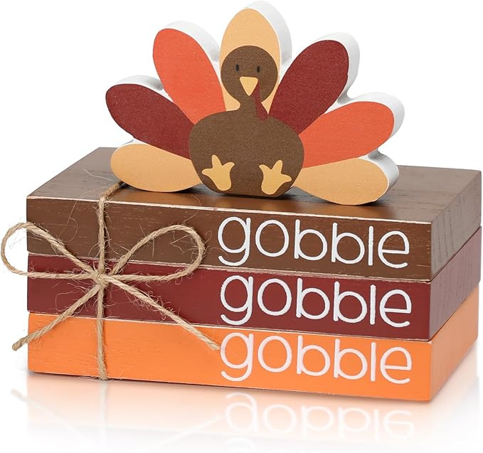 4PCS Thanksgiving Mini Wood Book Stack with Turkey - Fall Thanksgiving Tiered Tray Décor, Wooden... | Amazon (US)