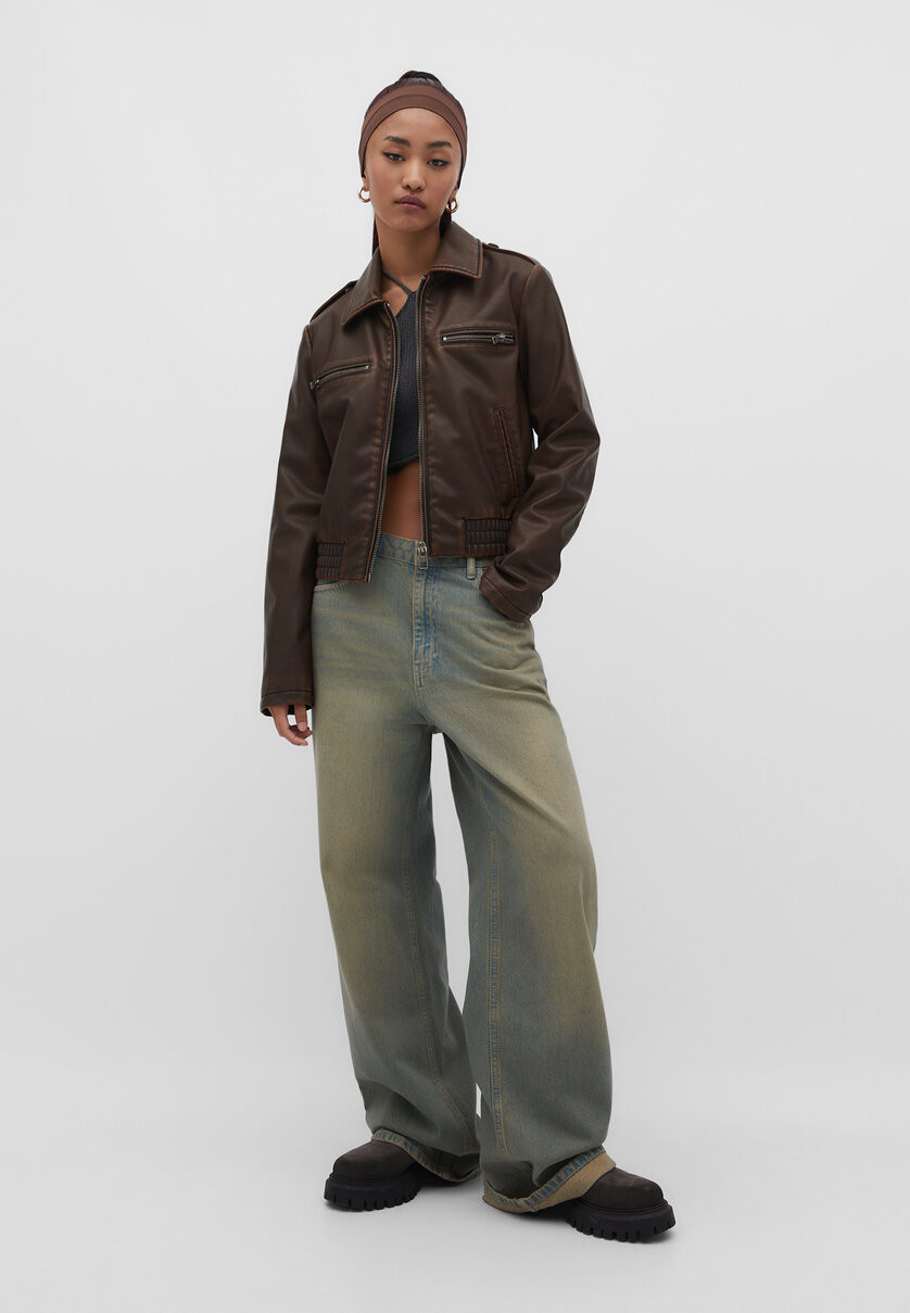 Faded leather effect jacket - Women's See all | Stradivarius United Kingdom | Stradivarius (UK)