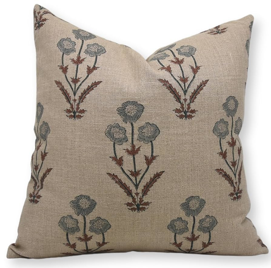 Handloom Block Floral Print Thick Linen 22x22 Inch Throw Pillowcase Cushion Cover Decorative for ... | Amazon (US)