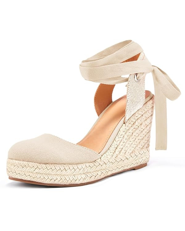 Ermonn Womens Espadrilles Wedge Sandals Platform Closed Toe Ankle Strap Lace Up Summer Shoes | Amazon (US)