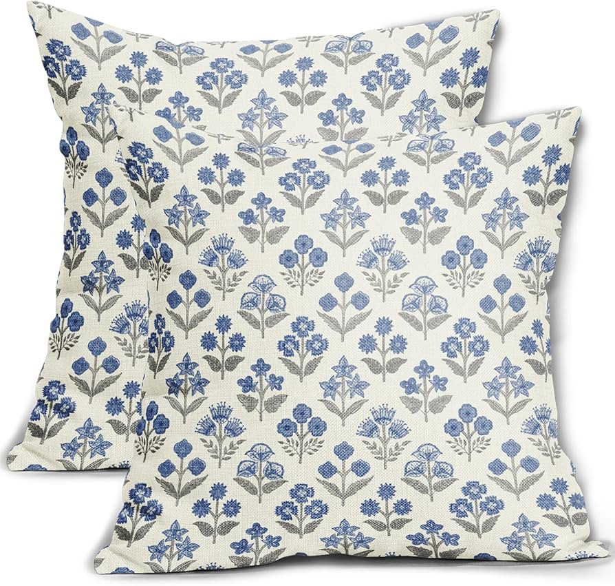 Blue Grey Gray Floral Block Print Pillow Covers 18x18 Inch Set of 2, Vintage Flower Pattern Decor... | Amazon (US)
