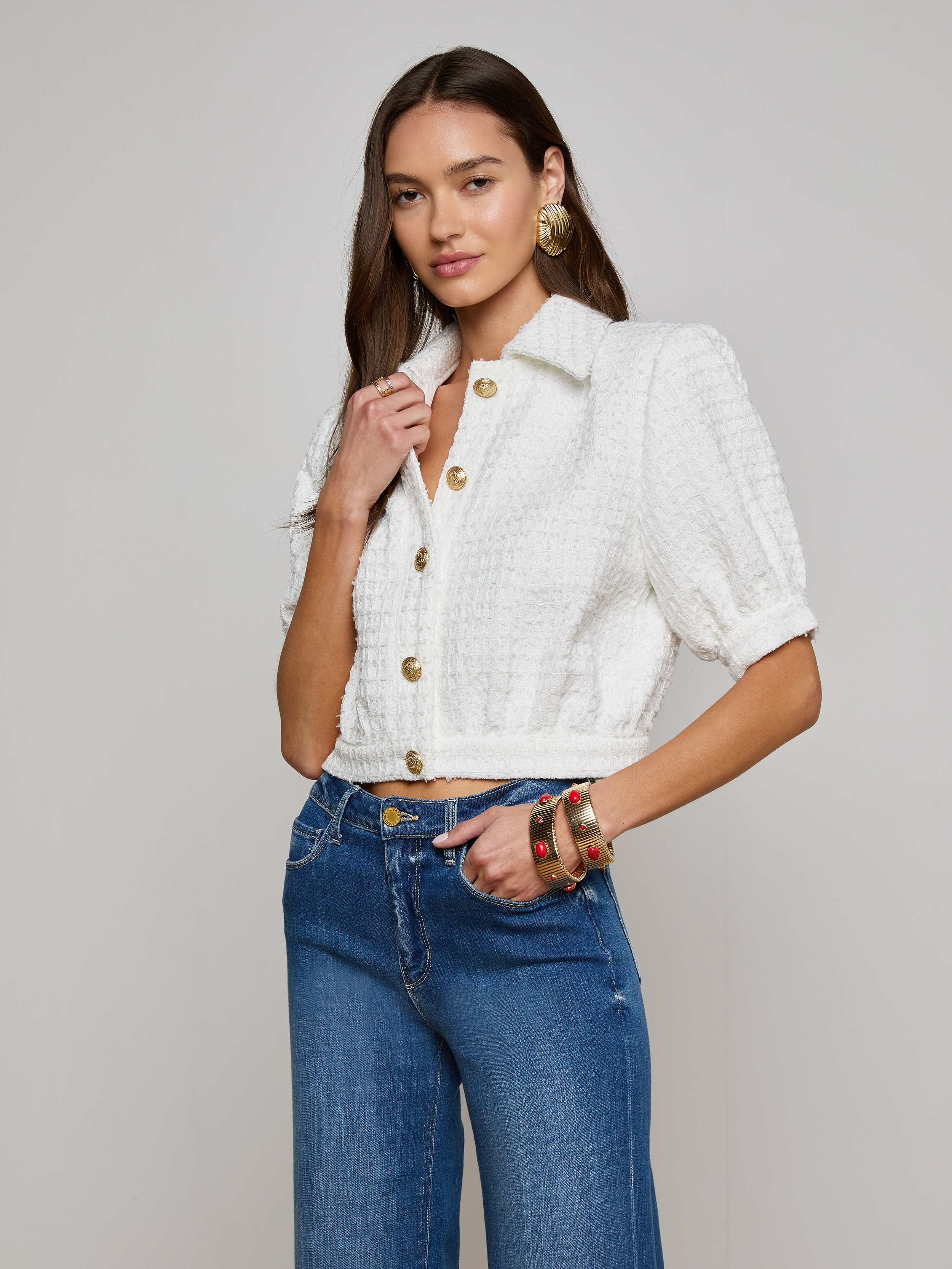 L'AGENCE - Cove Cropped Tweed Jacket in White | L'Agence