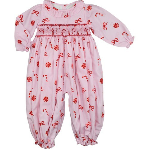Pink Smocked Christmas Candy Print Long Bubble - Shipping Late November | Cecil and Lou