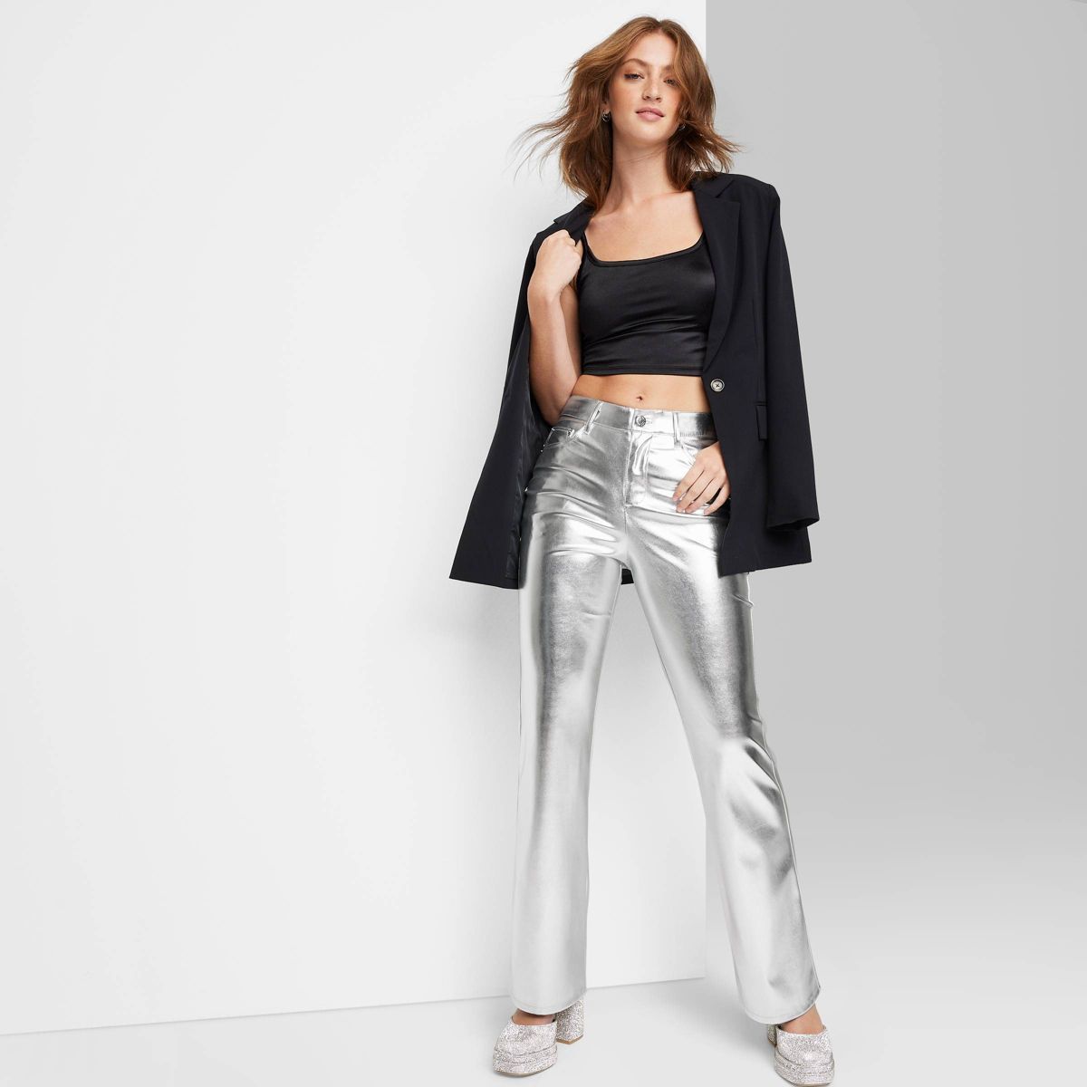 Women's High-Rise Metallic Flare Pants - Wild Fable™ Silver 10 | Target