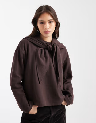 ASOS DESIGN scarf detail supersoft long sleeve top in brown | ASOS (Global)