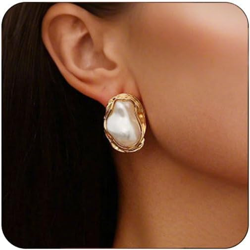 Boho Pearl Statement Earrings for Women Irregular Pearl and Gold Stud Earrings Big Round Freshwat... | Amazon (US)