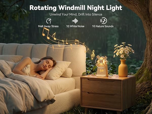 Reloj despertador con molino de viento giratorio, m\u00e1quina de sonido con luz de despertador, ... | Amazon (US)