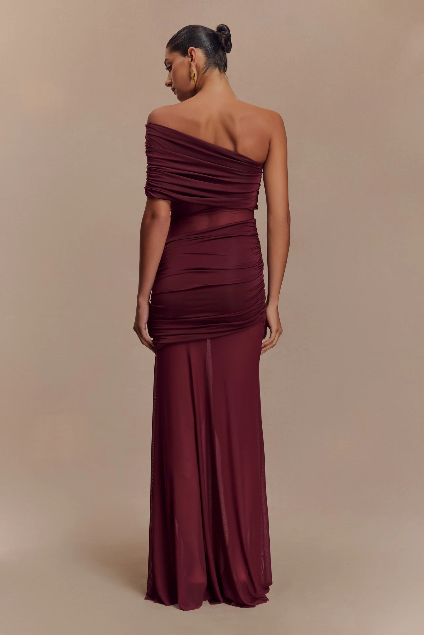 Dallas One Shoulder Mesh Maxi Dress - Burgundy | MESHKI US