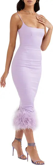 Helena Feather Trim Satin Midi Dress | Nordstrom