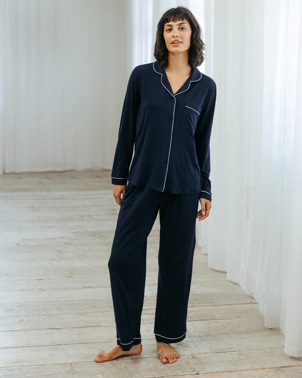 TENCEL™ Modal Long Button Up Pyjama Set - Navy | Chelsea Peers NYC