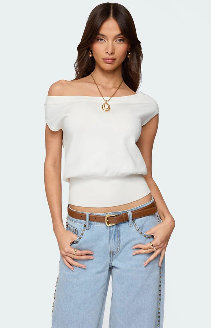 Edikted Women's Michaela Off Shoulder Knit Top in White - Size Medium | PacSun