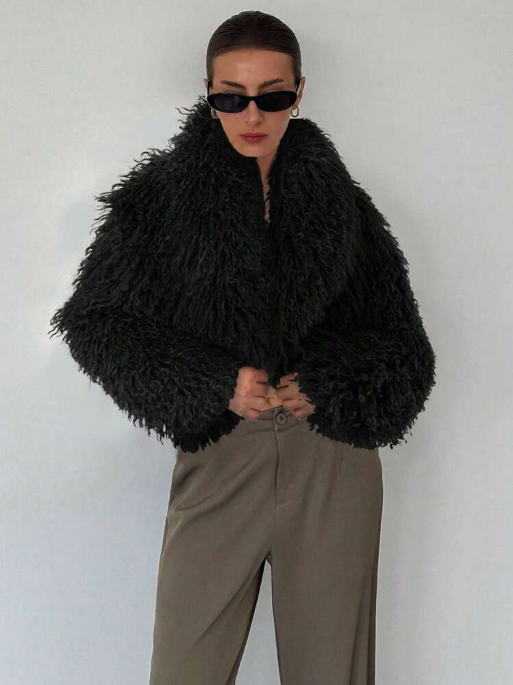 Aloruh New Beige Faux Fur Collar Long Cardigan Coat, Versatile For Autumn/Winter | SHEIN