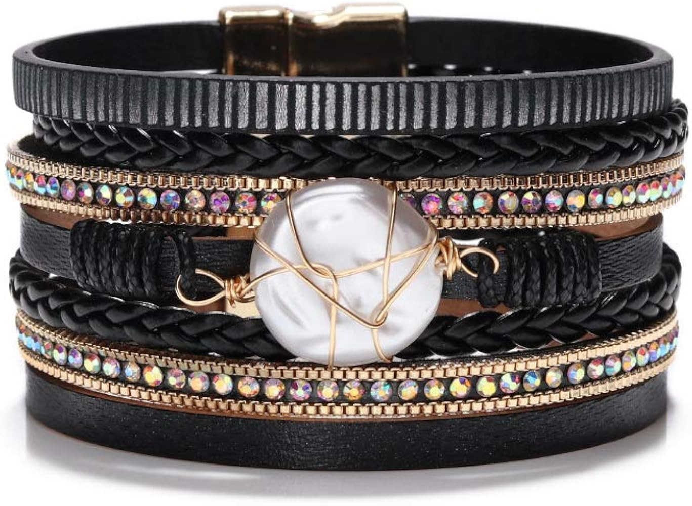 Fesciory Leopard Bracelet for Women, Boho Leather Wrap Multi-Layer Pearl Crystal Bracelet Bangle ... | Amazon (US)