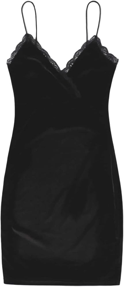 Floerns Women's Spaghetti Strap Velvet Lace Trim Bodycon Cami Mini Dress | Amazon (US)