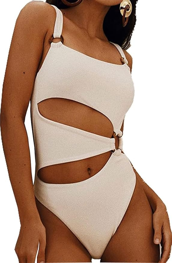 Women's One Piece Swimsuit Ring Cut Out Front High Cut Cheeky Bathing Suit Monokini Swimwear | Amazon (US)